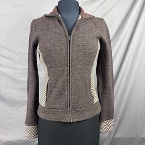Prana Brown Cream Chevron Full Zip Wool Blend Mock Neck  Sweater Size Small